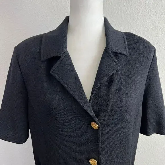 St. John Collection Knit Top Women's 12 Black Button Down Blouse Short Sleeve - Picture 2 of 8